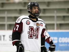 Chatham Maroons' Brody Fraleigh plays against the St. Marys Lincolns at Chatham Memorial Arena in Chatham, Ont., on Sunday, Oct. 17, 2021. (Mark Malone/Chatham Daily News)