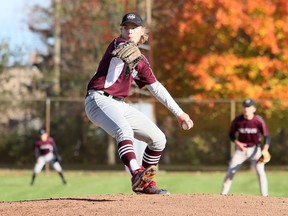 Wallaceburg Tartans starter Logan Klompstra pitches in the first inning of the LKSSAA baseball championship game against the Great Lakes Wolfpack at Andy Johnston Field at Kinsmen Park in Wallaceburg, Ont., on Thursday, Oct. 28, 2021. The Tartans won 5-2. Mark Malone/Chatham Daily News/Postmedia Network