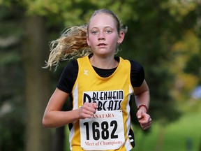 Winner Samantha Stewart of Blenheim runs in the junior girls' 3,500-metre race at the LKSSAA cross-country championship meet at the Crothers Conservation Area in Wallaceburg, Ont., on Thursday, Oct. 28, 2021. Mark Malone/Chatham Daily News/Postmedia Network