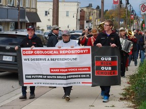 The organization Protect Our Waterways - No Nuclear Waste held a rally Saturday in Teeswater to officially kick off their petition campaign that will call on South Bruce council to hold a binding referendum as part of the 2022 municipal election to determine the municipality's willingness to be the site of a deep geological repository for Canada's used nuclear fuel. DENIS LANGLOIS