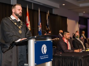 Mayor Sandy Bowman gives a speech moments after he was sworn in as mayor of the Regional Municipality of Wood Buffalo on Oct. 25, 2021. Photo by Greg Halinda of Greg Halinda Photography