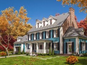 3d rendering of modern classic house in colonial style in autumn day