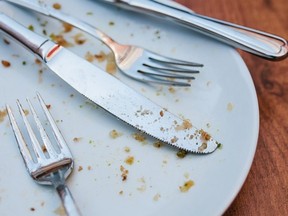 Dirty plate. Empty plate after eating place on wooden table in coffee shop.