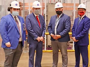 Ontario Energy Minister Todd Smith and Bruce-Grey-Owen Sound MPP Bill Walker attended the recent opening of the Hydrogen Optimized High-Current Demonstration Centre in Owen Sound, Ontario. Pictured from left are Hydrogen Optimized co-founders Edward Stuart and Andrew Stuart, Smith and Walker, on Oct. 13, 2021. (Supplied photo)