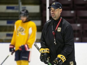 Head coach Alan Letang watches the Sarnia Sting practise during training camp at Progressive Auto Sales Arena in Sarnia, Ont., on Wednesday, Sept. 1, 2021. Mark Malone/Chatham Daily News/Postmedia Network