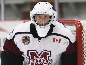 Chatham Maroons goalie Brenden Stroble plays against the St. Marys Lincolns at Chatham Memorial Arena in Chatham, Ont., on Sunday, Sept. 26, 2021. Mark Malone/Chatham Daily News/Postmedia Network