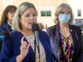 NDP Leader Andrea Horwath speaks Wednesday outside St. Joseph's Health Care London about the need for more health-care workers in Ontario. She was joined by London NDP MPPs Teresa Armstrong and Peggy Sattler, behind Horwath, as well as MPP Terence Kernaghan. (Mike Hensen/The London Free Press)