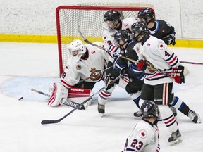 Sarnia Legionnaires goalie Nolan DeKoning watches the puck in a GOJHL game against the London Nationals at Sarnia Arena in Sarnia, Ont., on Thursday, Oct. 21, 2021. (Shawna Lavoie Photography)