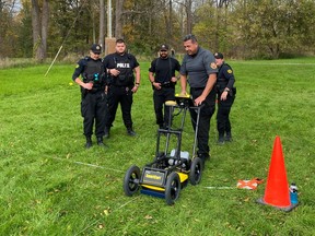 Cst. Arnold Jacobs, Jr., the community liaison officer for Six Nations Police, was one of several police officers training on using ground-penetrating radar on Wednesday. The service owns a GPR machine, which can 'see' anomalies and underground features, and will be used to search the grounds of the former Mohawk Institute.