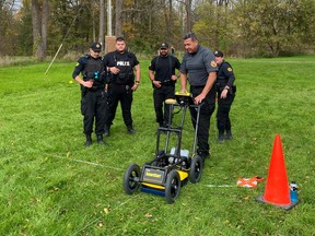 Cst. Arnold Jacobs, Jr., the community liaison officer for Six Nations Police, was one of several police officers training on using ground-penetrating radar on Wednesday. The service owns a GPR machine, which can 'see' anomalies and underground features, and will be used to search the grounds of the former Mohawk Institute.