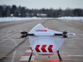 The battery-powered Sparrow drone is being used in trials at Edmonton International Airport. It can carry up to 4.5 kilograms and has a range of 30 kilometres. (Photo courtesy of Drone Delivery Canada)