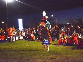 Crowds gathered in front of City Hall on September 30 to see some final performances by Nevada Ouellette (pictured) and Kyle Young Pine for National Day for Truth and Reconciliation.