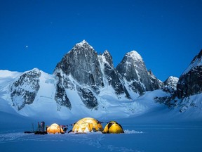 Banff Centre Mountain Film and Book Festival Signature Image by Christian Pondella. The image shows basecamp in the Alaska Range of Denali National Park, Alaska. The photo was taken on a ski expedition with Chris Davenport, Jim Morrison and Michelle Parker.