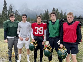 (Left to right) Canmore Wolverine's 2021 seniors Jordon Begley, Quinn Webster, Nico Hornyansky, Asher McKay and Alex Scurfield at training practice in Canmore on Oct.13 2021. Photo Marie Conboy/ Postmedia.