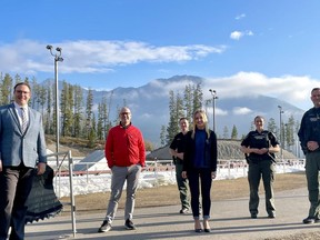 Jason Nixon, Minister of Environment and Parks, announced the hiring of 20 additional conservation officers and 32 new seasonal positions, at the Canmore Nordic Centre on Oct. 18. 2021. He said the $10 million in revenue from the Kananaskis Conservation Pass is being directed towards trail improvements, including upgrading Yamnuska Trail in Kananaskis to increase sustainability and Mackenzie Creek trails in Yellowhead County. Photo Marie Conboy/ Postmedia.