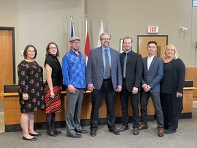 An official swearing-in of the new council took place on Oct 22 at the Canmore Council Chambers. (Left-right) Councillors Joanna McCallum, Tanya Foubert and Wade Graham, Mayor elect Sean Krausert, Councillors Jeff Hilstad, Jeff Mah and Karen Marra. Photo Marie Conboy/ Postmedia.