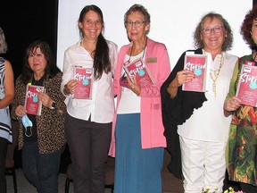 Left to right at a reading in the Core Centre which drew several dozens of fans are Donna McDonald, Nell Davidson, Kim Fedor, Pat Whittaker, Wendy Russell-Shepard and Linda Bond. Copies of the book Storied are now for sale at local book dealers. JACK EVANS PHOTO