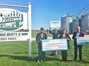 Pictured at Beatty Seeds in Bloomfield from left: Linda and Tim Beatty; Shannon Coull, executive director of the PECMH Foundation; Nancy Parks, Back the Build Campaign Co-chairperson; Peter Finnegan, a director on the Community Foundation for Kingston and Area Board and Yu Jier Kou, grants administrator for the Community Foundation for Kingston and Area. BRIAR BOYCE PHOTO