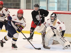 The Well Busters Wellington Lady Dukes-Belleville U18 Bearcats goalie Addy Cochrane dials in on the puck as Cornwall Typhoon attackers look to find an opening during the Lady Dukes 4-0 exhibition win Sunday in Cornwall. SHAWNA ADAMS PHOTO