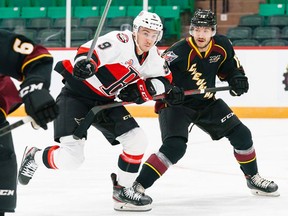 Belleville Senators Jake Lucchini battles Cleveland Monsters Cole Cassels during Cleveland's 4-0 win Friday at the CAA Arena. The Senators also fell 2-1 to the Monsters Saturday at the CAA. BELLEVILLE SENATORS