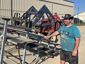 Chris Howell, president of the Burford Agricultural Society was among volunteers setting up bleachers and signage  on Saturday October 2, 2021 in preparation for the 2021 Burford Fair on Oct. 9 and 10 in Burford, Ontario.
