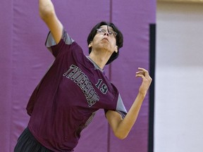 Zachary Jamieson of Pauline Johnson Collegiate serves during a senior boys volleyball match against Assumption College on Sept. 30.