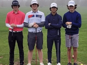 St. John's College students Matthew McConkey (left), Brady Sinclair, Ethan Szabo and Mitchell Ferras captured the Central Western Ontario Secondary Schools Association boys golf championship on Thursday. Submitted