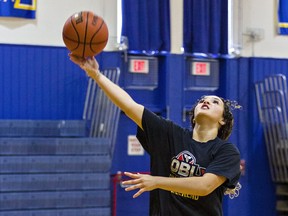 Kaia Grant of Brantford Colleigate Institute's senior girls basketball team takes a hot during practice.