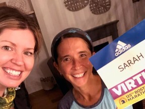 Sarah Bryson (left) and Sarah Kondo competed in a virtual Boston Marathon.