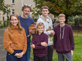 Canadian actor Michelle Nolden (Heartland, Saving Hope), her actor/writer/producer husband Chris Szarka and their sons Michael, 10 (centre), Alex, 14 and Joseph, age 12 (right) moved to Paris, Ontario three years ago and decided the start raising chickens. The project led to the creation of the six-part series Free Range Children on Bell Fibe.