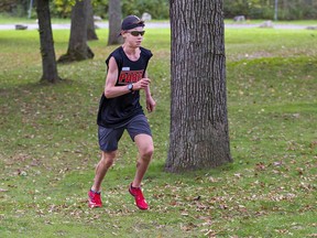 Dylan Campbell of Paris District High School nears the finish line on Wednesday in the senior boys 6,000-metre Brant County cross-country championship at Mohawk Park in Brantford.