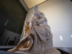 A photo shows Michelangelo's 16th-century masterpiece Pieta, known as Pieta Bandini, after its restoration was completed.