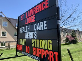 A sign at St. Lawrence Lodge encourages support for front-line workers. (FILE PHOTO)