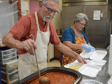 Legion volunteers take care of the spaghetti and sauce for the 3M Harvest Lunch prepared in the kitchen at Branch 97 of the Royal Canadian Legion in Prescott.
Tim Ruhnke/The Recorder and Times