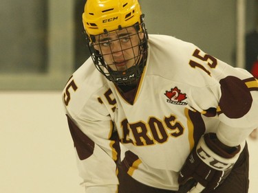 Brett Johnston gets set for a faceoff in the Aeros end during the Athens home-opener on Sunday afternoon. 
Tim Ruhnke/The Recorder and Times