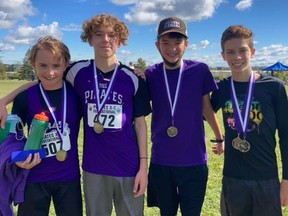 From left, Drake Sled, Dax Fontaine, Peter Ford and Rayane Link of TISS were at or near the top in the Grade 8 boys run at the Pirates cross-country meet in Brockville on Friday.
Submitted photo