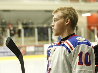 Zach White, formerly with the Brockville Braves and Tikis, stands for the anthem at the start of South Grenville's home-opener against Clarence on Saturday night.
Tim Ruhnke/The Recorder and Times