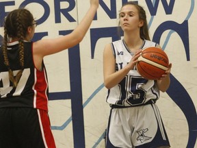 Kaylee Moorhouse of the St. Mary junior girls basketball team at the Crusaders tournament in the fall of 2019. Moorhouse is now on the senior team; high school basektball returned this month after a one-year absence caused by the COVID-19 pandemic.
File photo/The Recorder and Times