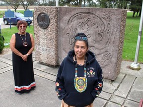 Chippewa of the Thames First Nation members Patricia Shawnoo (foreground), a descendant of Chief Tecumseh, and Andrea Young organized the Tecumtha (Tecumseh) Memorial Walk to the Tecumseh Memorial east of Thamesville on Oct. 5, the day Tecumseh was killed in battle in1813 during the War of 1812. Ellwood Shreve/Postmedia Network