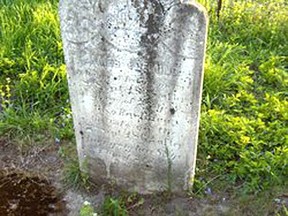 The gravestone of James Fleming, 1760-1838, in the Fleming farm cemetery, Aldborough Township.