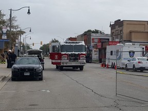 Emergency crews are shown in downtown Wheatley on Friday. Another gas leak was detected earlier that morning. (Trevor Terfloth/The Daily News)