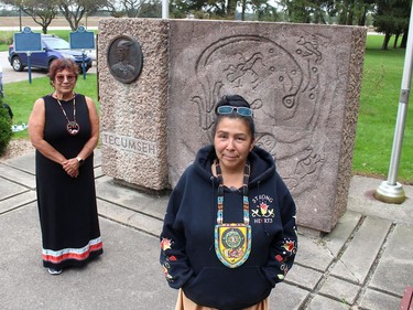 Chippewa of the Thames First Nation members Patricia Shawnoo, front, a descendant of Chief Tecumseh, and Andrea Young, Kizhewaadziwin E-niiganzijig (trusted leader), organized the Tecumtha (Tecumseh) a 6.5 kilometre walk to the Tecumseh Memorial east of Thamesville on Tuesday October 5, 2021, the day Tecumseh was killed in battle in1813 during the War of 1812. Ellwood Shreve/Chatham Daily News/Postmedia Network