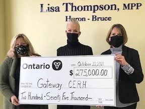 The Gateway Centre of Excellence in Rural Health (CERH) recently received $275,000 from the province for a study that will look at the impact that COVID-19, mental health and substance use has had on the workforce in Huron and Perth counties. From left are Huron-Bruce MPP Lisa Thompson, project lead Bonnie Baynham and Gateway president Gwen Devereaux. Handout