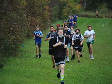 Glengarry's Caleb Hardy leads a group of athletes early in the junior boys five-km race, on Wednesday morning at the 2021 SD&G Cross-country Championship, hosted by Holy Trinity. Photo on Wednesday, October 13, 2021, in Cornwall, Ont. Todd Hambleton/Cornwall Standard-Freeholder/Postmedia Network