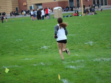 Jasmin St-Pierre, back at Holy Trinity field and dashing toward the finish line in the junior girls race, at the 2021 SD&G Cross-country Championship. Photo on Wednesday, October 13, 2021, in Cornwall, Ont. Todd Hambleton/Cornwall Standard-Freeholder/Postmedia Network