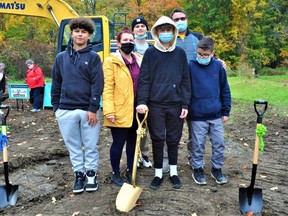 The Leaf-Saucier family, during the ceremonial breaking ground ceremony for their new home, on Tuesday October 19, 2021 in Cornwall, Ont. Francis Racine/Cornwall Standard-Freeholder/Postmedia Network