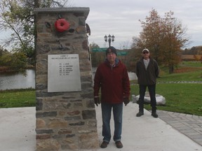 Martintown Cenotaph Project organizing committee members Gerry Duguid (left) and Don Blackadder, at the site on Tuesday morning. Photo on Tuesday, October 19, 2021, in Martintown, Ont. Todd Hambleton/Cornwall Standard-Freeholder/Postmedia Network