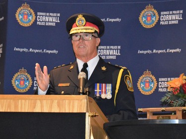 Retiring Police Chief Danny Aikman making a brief speech about his 40 years of service and the bright future under the command of Chief Spowart on Friday October 22, 2021 in Cornwall, Ont. Shawna O'Neill/Cornwall Standard-Freeholder/Postmedia Network