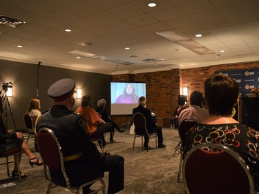 The small group of in-person attendees at the Change of Command ceremony watched as local dignitaries shared messages of congratulations on Friday October 22, 2021 in Cornwall, Ont. Shawna O'Neill/Cornwall Standard-Freeholder/Postmedia Network