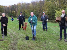 From left at Friday's tree planting are MPP Jim McDonell, SD&G OPP Detachment Commander Marc Hemmerick, South Stormont Mayor Bryan McGillis (RRCA board chair), South Stormont Deputy Mayor Dave Smith (director with RRCA board) and RRCA general manager Richard Pilon. Photo on Friday, October 22, 2021, in Long Sault, Ont. Todd Hambleton/Cornwall Standard-Freeholder/Postmedia Network